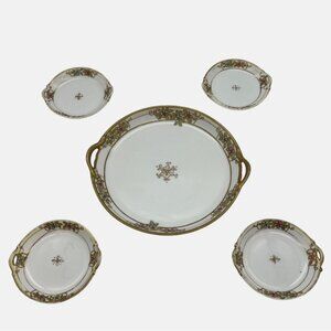 Vintage Hand-Painted Nippon Porcelain Relish Plate & 4 Salt Cellars M Wreath